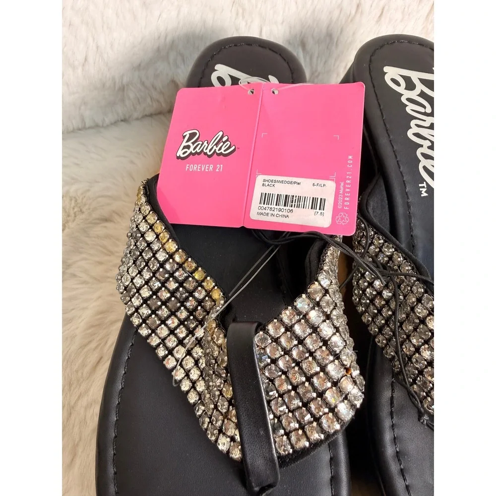 Barbie Forever 21 Rhinestone Platform Wedge Sandals Black Size 7.5 Thong Dscnt